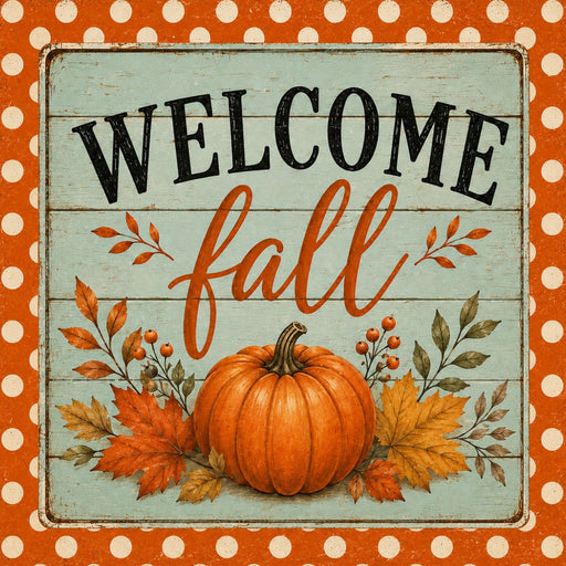 Vintage aqua and orange Welcome Fall metal sign featuring a weathered wood background, dotted border, pumpkin, and autumn leaves. Exclusive Trendy Tree Design. SKU TTE-520.