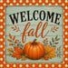 Vintage aqua and orange Welcome Fall metal sign featuring a weathered wood background, dotted border, pumpkin, and autumn leaves. Exclusive Trendy Tree Design. SKU TTE-520.