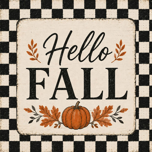 Vintage black and cream Hello Fall metal sign with a distressed checkered border, black lettering, pumpkin, and autumn leaves. Exclusive Trendy Tree Design. SKU TTE-515.