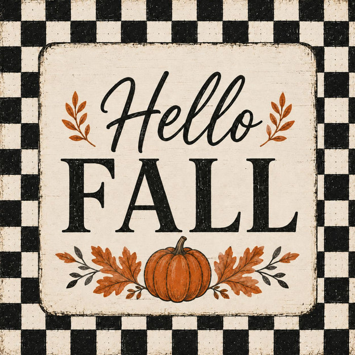 Vintage black and cream Hello Fall metal sign with a distressed checkered border, black lettering, pumpkin, and autumn leaves. Exclusive Trendy Tree Design. SKU TTE-515.