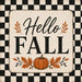 Vintage black and cream Hello Fall metal sign with a distressed checkered border, black lettering, pumpkin, and autumn leaves. Exclusive Trendy Tree Design. SKU TTE-515.