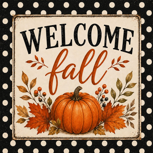 Vintage black and cream Welcome Fall metal sign featuring a dotted border, pumpkin, autumn leaves, and seasonal foliage. Exclusive Trendy Tree Design. SKU TTE-519.