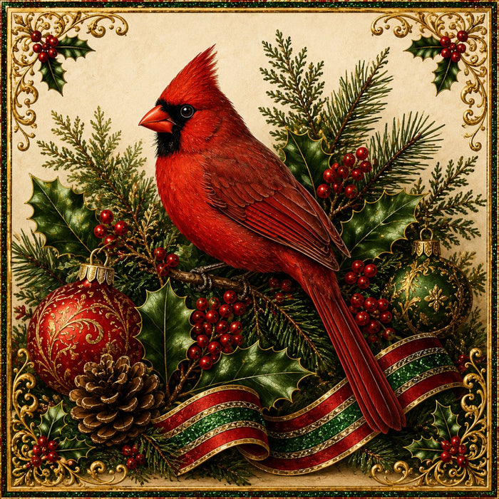 Vintage Christmas metal sign featuring a red cardinal surrounded by holly, pine greenery, berries, pinecone, ornate ornaments, ribbon, and gold scrollwork