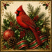 Vintage Christmas metal sign featuring a red cardinal surrounded by holly, pine greenery, berries, pinecone, ornate ornaments, ribbon, and gold scrollwork