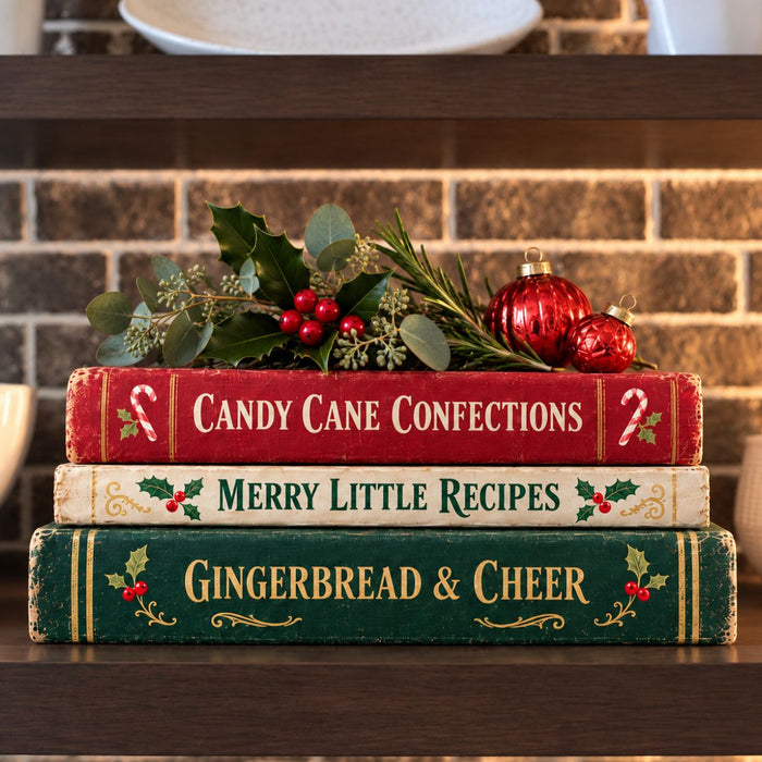 Vintage Christmas cookbook stack with candy canes, holly, red ornaments and holiday greenery