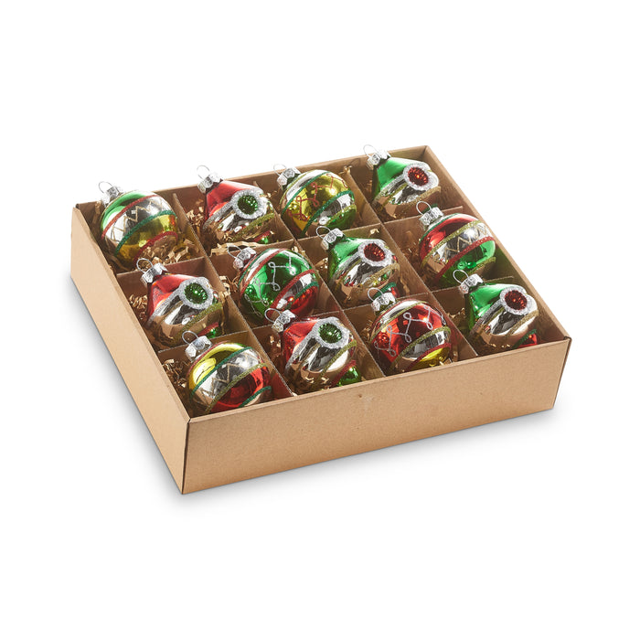The Box of 12 Vintage Glass Christmas Ornaments (RAZ 4320850) features twelve charming glass ornaments in red, green, and gold with decorative stripes and silver hanging tops—perfect for adding traditional elegance to your holiday decor or adorning your Christmas tree.