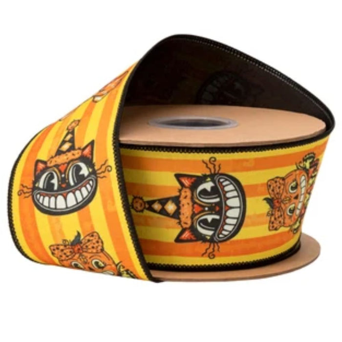2.5 inch designer wired dupioni ribbon with vintage Halloween faces and stripes and black backing, 10-yard roll, SKU 9800W-750-63E.