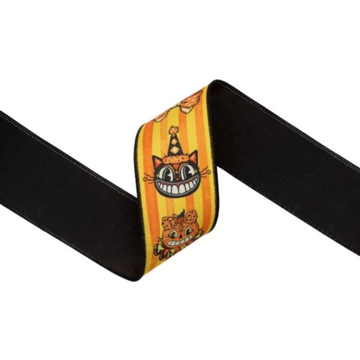 2.5 inch designer wired dupioni ribbon with vintage Halloween faces and stripes and black backing, 10-yard roll, SKU 9800W-750-63E.