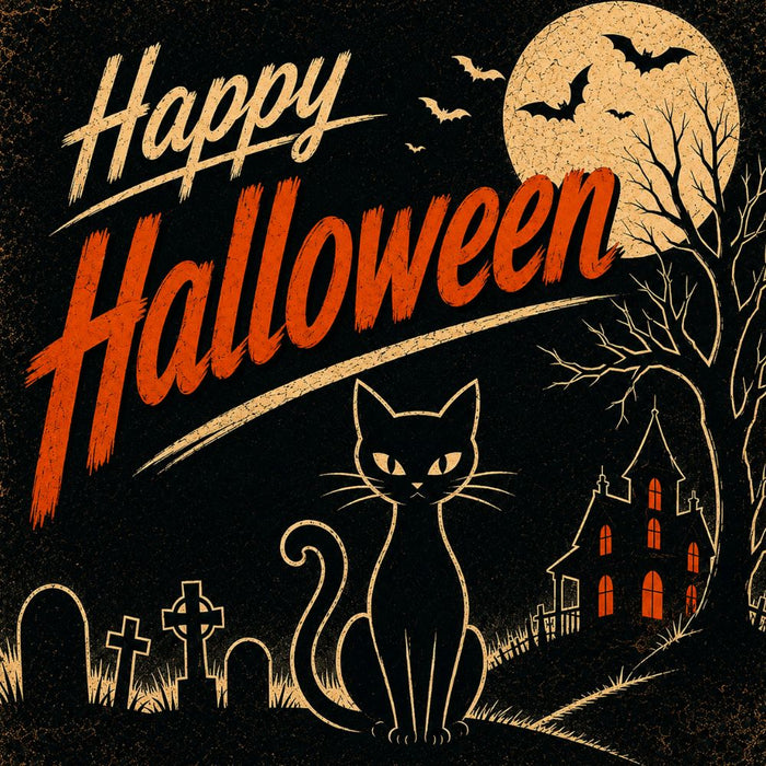 Vintage Happy Halloween metal sign with black cat, full moon, bats, haunted house and graveyard, TTE-590.