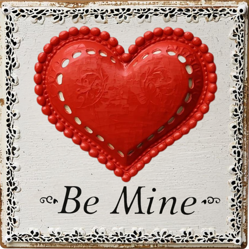 Vintage lace-edge “Be Mine” Valentine heart sign with an ornate heart design, soft antique tones, and decorative border, Trendy Tree exclusive — TTE-363.