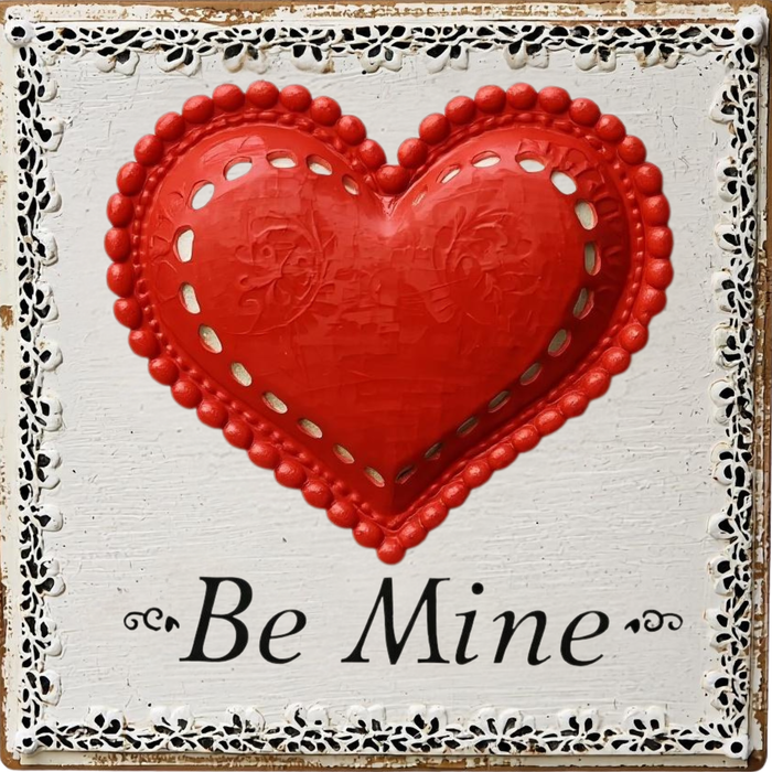 Vintage lace-edge “Be Mine” Valentine heart sign with an ornate heart design, soft antique tones, and decorative border, Trendy Tree exclusive — TTE-363.