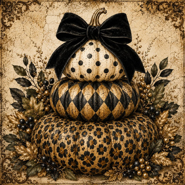 Vintage leopard animal print pumpkin stack metal sign featuring stacked leopard, harlequin, and polka dot pumpkins with a black velvet bow and antique-inspired fall foliage. Exclusive Trendy Tree Design. SKU TTE-562.