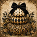 Vintage leopard animal print pumpkin stack metal sign featuring stacked leopard, harlequin, and polka dot pumpkins with a black velvet bow and antique-inspired fall foliage. Exclusive Trendy Tree Design. SKU TTE-562.