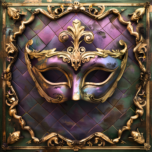 Vintage Mardi Gras 10-inch metal sign featuring a purple, green, and gold mask with ornate gold trim and a distressed background.