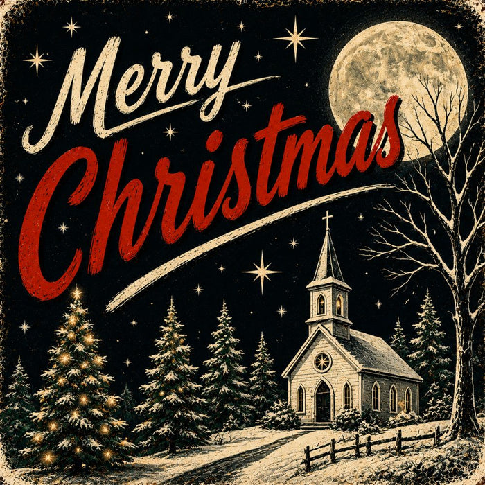 Vintage Merry Christmas 10 inch metal sign with snowy country church, full moon, stars and evergreen trees against a black night sky, TTE-695.