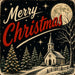 Vintage Merry Christmas 10 inch metal sign with snowy country church, full moon, stars and evergreen trees against a black night sky, TTE-695.