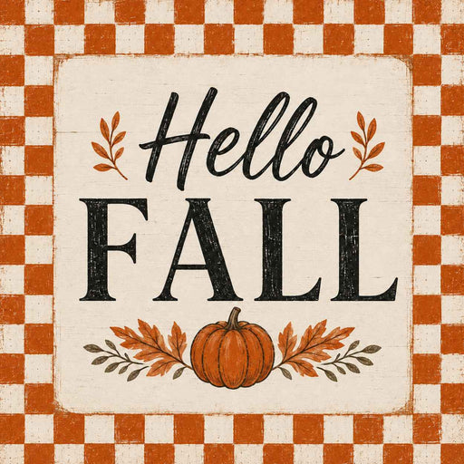 Vintage orange and cream Hello Fall metal sign featuring a checkered border, black lettering, autumn leaves, and a pumpkin. Exclusive Trendy Tree Design. SKU TTE-514.
