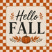 Vintage orange and cream Hello Fall metal sign featuring a checkered border, black lettering, autumn leaves, and a pumpkin. Exclusive Trendy Tree Design. SKU TTE-514.