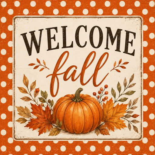 Vintage orange and cream Welcome Fall metal sign featuring a dotted border, pumpkin, autumn leaves, and seasonal foliage. Exclusive Trendy Tree Design. SKU TTE-518.