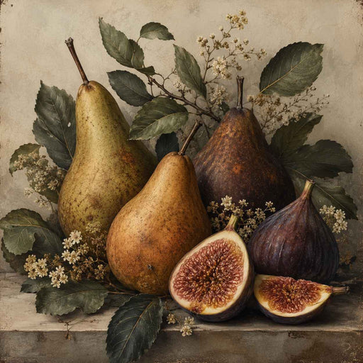 Vintage botanical metal sign featuring pears, figs, leafy branches, and delicate blossoms in a classic harvest still life. Exclusive Trendy Tree Design. SKU TTE-513.
