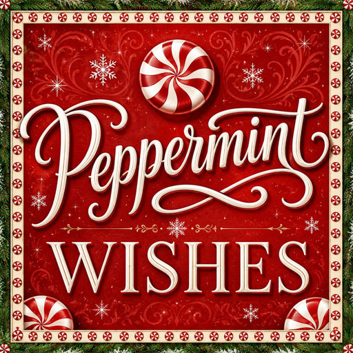 Vintage-inspired Peppermint Wishes Christmas sign with cream lettering on a red background, peppermint candies, white snowflakes, and a snowy evergreen border.