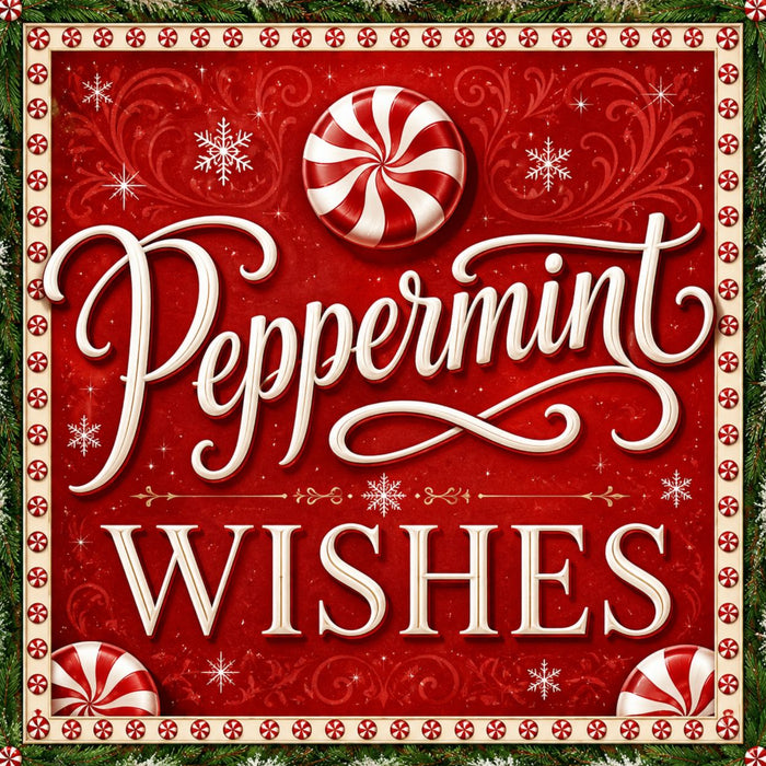 Vintage-inspired Peppermint Wishes Christmas sign with cream lettering on a red background, peppermint candies, white snowflakes, and a snowy evergreen border.