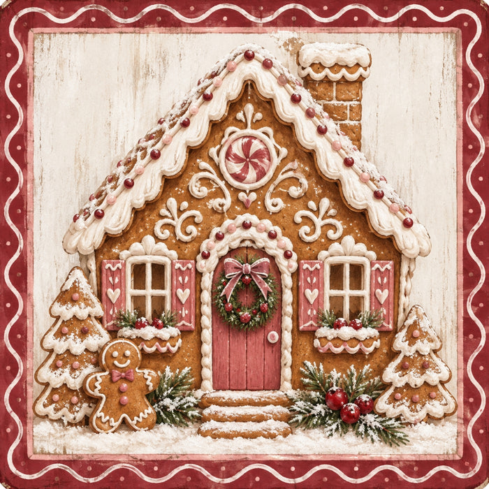 Vintage gingerbread cottage Christmas metal sign with pink shutters, pink door, white icing, peppermint candy, gingerbread man, snowy trees, and red scalloped border, TTE-832.