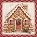 Vintage gingerbread cottage Christmas metal sign with pink shutters, pink door, white icing, peppermint candy, gingerbread man, snowy trees, and red scalloped border, TTE-832.