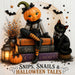 10 x 10 metal Halloween wreath sign featuring a vintage pumpkin boy sitting on spell books with a black cat and the phrase "Snips, Snails & Halloween Tales." Exclusive Trendy Tree Design for deco mesh wreaths, grapevine wreaths, or framing. SKU TTE-500.