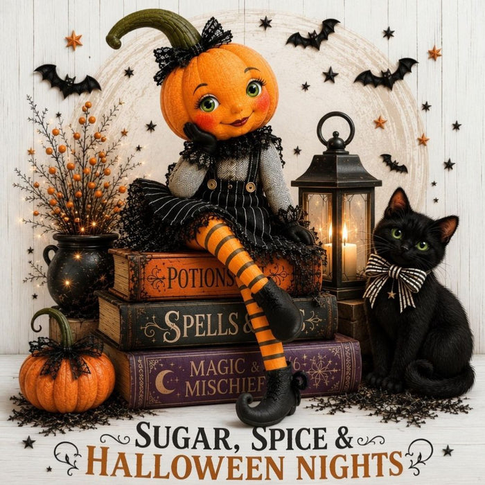 10 x 10 metal Halloween wreath sign featuring a vintage pumpkin girl sitting on spell books with a black cat and the phrase "Sugar, Spice & Halloween Nights." Exclusive Trendy Tree Design for deco mesh wreaths, grapevine wreaths, or framing. SKU TTE-501.