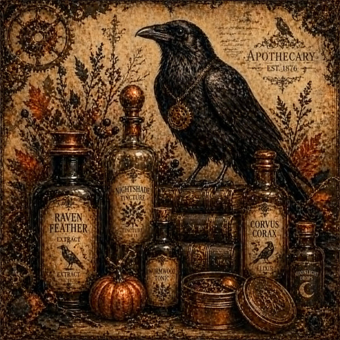 10 x 10 metal Halloween wreath sign featuring a vintage black raven with antique apothecary bottles, old books, pumpkins, and gothic autumn accents. Exclusive Trendy Tree Design for deco mesh wreaths, grapevine wreaths, or framing. SKU TTE-479.
