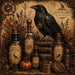 10 x 10 metal Halloween wreath sign featuring a vintage black raven with antique apothecary bottles, old books, pumpkins, and gothic autumn accents. Exclusive Trendy Tree Design for deco mesh wreaths, grapevine wreaths, or framing. SKU TTE-479.