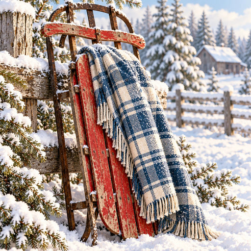 Vintage red wooden sled with a blue and cream plaid blanket leaning against a snow-covered rustic fence, with evergreen trees and a winter cottage in the background. Flat metal winter wreath sign TTE-867.