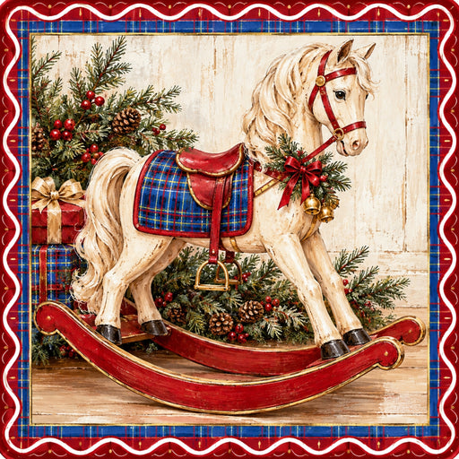 Vintage cream-colored Christmas rocking horse with blue tartan plaid saddle, red wooden rockers, evergreen greenery, red berries, gold bells, and wrapped gifts on metal wreath sign TTE-830.