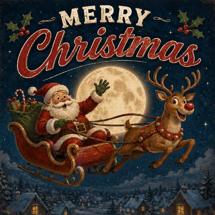 10 x 10 metal Christmas wreath sign featuring vintage-style Santa riding in a sleigh with a reindeer beneath a full moon over a snowy village. Exclusive Trendy Tree Design for deco mesh wreaths, grapevine wreaths, or framing. SKU TTE-510.