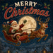 10 x 10 metal Christmas wreath sign featuring vintage-style Santa riding in a sleigh with a reindeer beneath a full moon over a snowy village. Exclusive Trendy Tree Design for deco mesh wreaths, grapevine wreaths, or framing. SKU TTE-510.