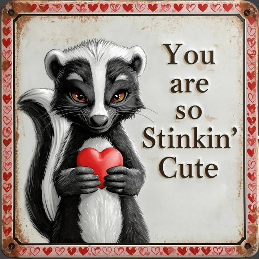 10 inch square metal Valentine sign featuring a vintage-style skunk holding a red heart with You Are So Stinkin’ Cute text, exclusive Trendy Tree design for mesh or grapevine wreaths and framing