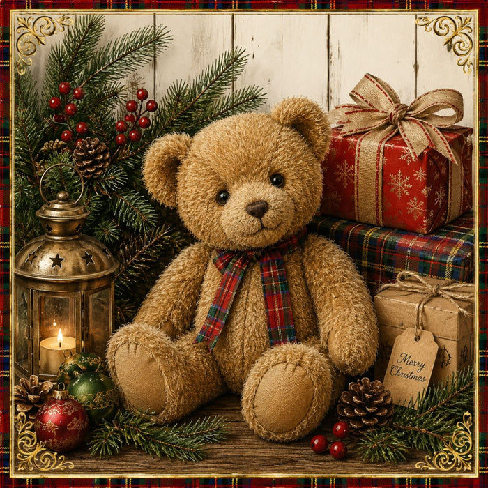 Vintage Christmas metal sign with teddy bear, wrapped presents, evergreen, lantern and tartan plaid accents.