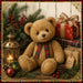 Vintage Christmas metal sign with teddy bear, wrapped presents, evergreen, lantern and tartan plaid accents.