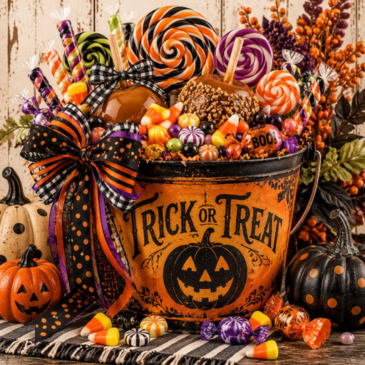 Vintage Halloween Trick or Treat candy bucket metal wreath sign with lollipops, caramel apples, candy, pumpkins and orange black ribbon, TTE-603.