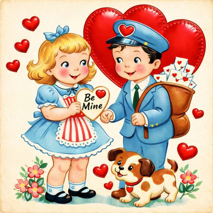 Vintage Valentine boy and girl metal sign 10 inch square by Trendy Tree classic retro Valentine decor