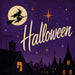 Vintage Halloween metal sign featuring a witch flying across a full moon, a nighttime city skyline, glowing windows, a black cat, and retro Halloween artwork. Exclusive Trendy Tree Design. SKU TTE-563.