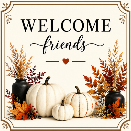 Welcome Friends fall sign featuring neutral pumpkins, autumn foliage, decorative vases, and seasonal accents on an ivory background with elegant typography.