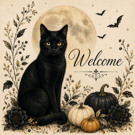 10 x 10 metal Halloween wreath sign featuring a black cat sitting beneath a full moon with pumpkins, bats, and a Welcome greeting. Exclusive Trendy Tree Design for deco mesh wreaths, grapevine wreaths, or framing. SKU TTE-482.