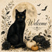 10 x 10 metal Halloween wreath sign featuring a black cat sitting beneath a full moon with pumpkins, bats, and a Welcome greeting. Exclusive Trendy Tree Design for deco mesh wreaths, grapevine wreaths, or framing. SKU TTE-482.