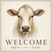 TTE-694 Welcome Cow 10 inch square metal sign in cream, taupe, brown, and black for farmhouse wreaths and swags.