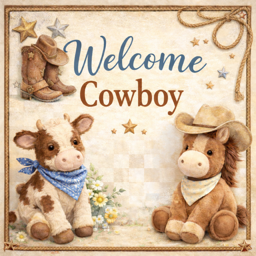 10 inch Welcome Cowboy baby metal sign featuring western themed plush animals in neutral tones, designed as a wreath accent for baby wreaths, nursery decor, and western themed home decor.