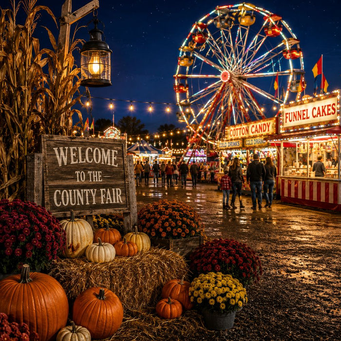 Welcome to the County Fair 10 inch metal sign with Ferris wheel, carnival lights, pumpkins, mums, hay bales and cornstalks, TTE-629.
