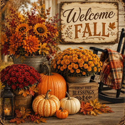 Welcome Fall front porch metal sign featuring a rocking chair, colorful mums, sunflowers, heirloom pumpkins, rustic lantern, and farmhouse autumn décor. Exclusive Trendy Tree Design. SKU TTE-556.