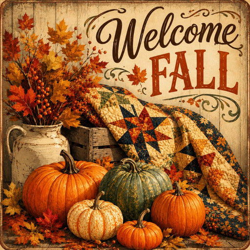 Welcome Fall metal sign featuring a patchwork quilt, heirloom pumpkins, autumn leaves, berries, and a rustic crock filled with fall foliage. Exclusive Trendy Tree Design. SKU TTE-555.